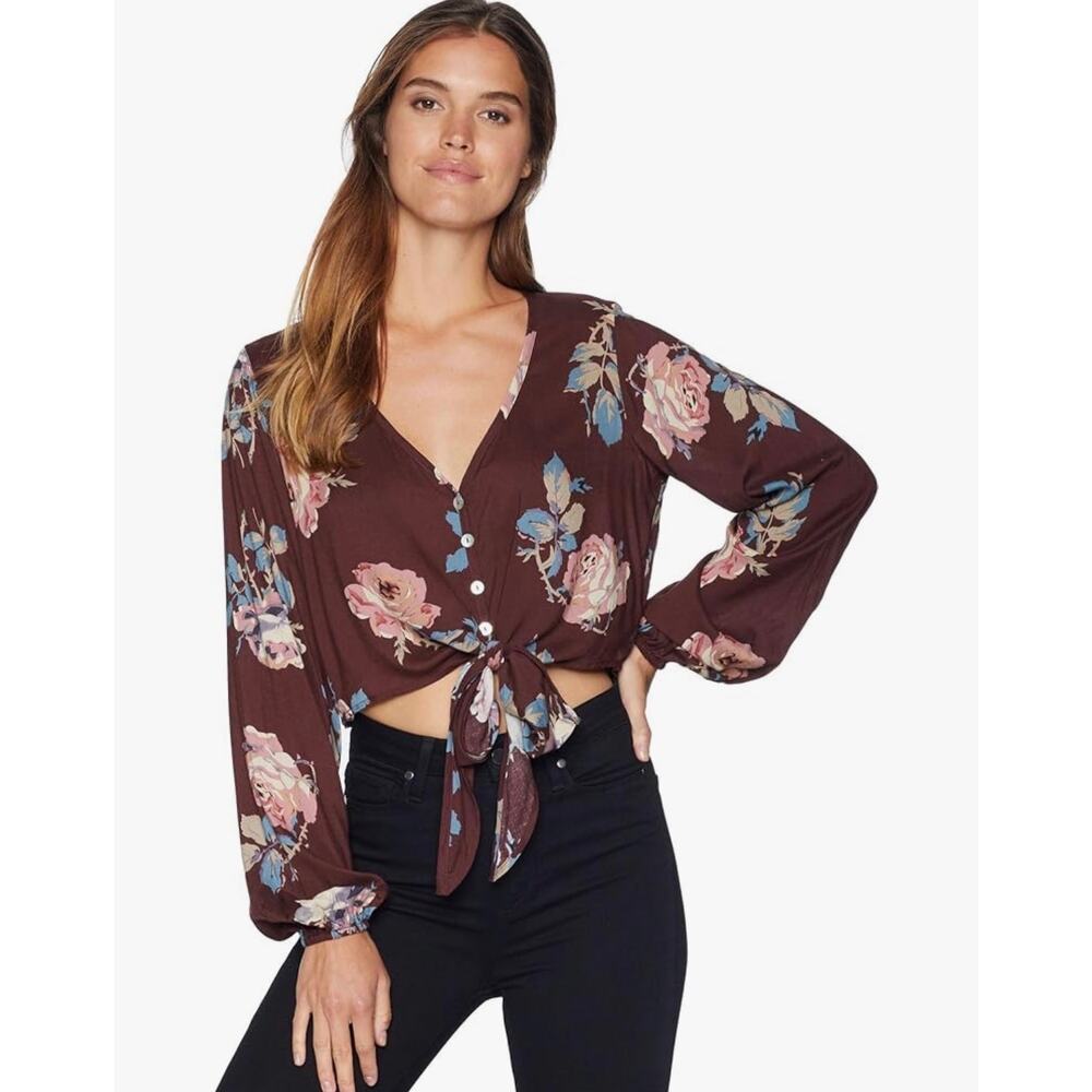 Show Me Your MuMu Tatum Tie Top Floral Burgundy Boho Blouse 2010s XS